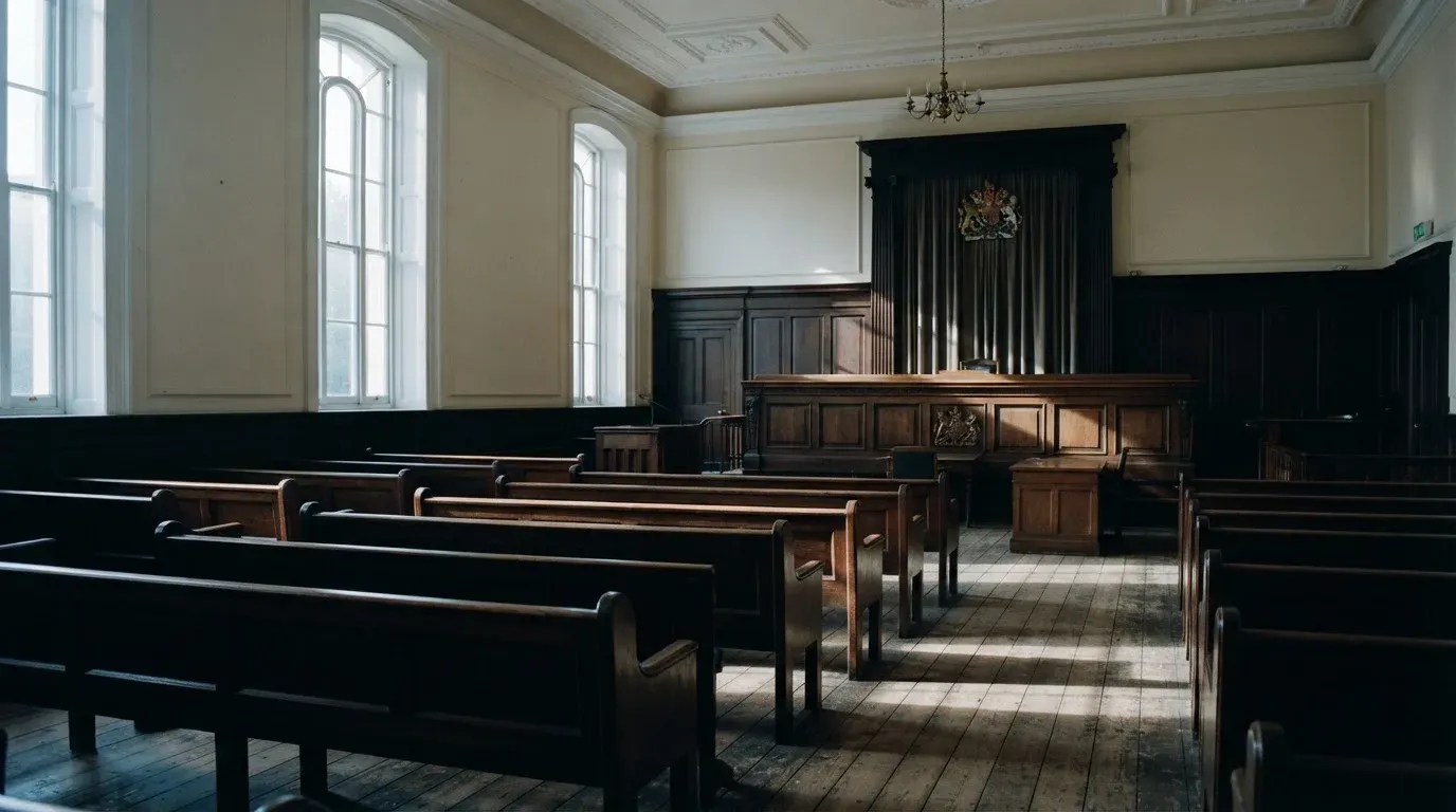 An empty courtroom with wooden benches in morning light