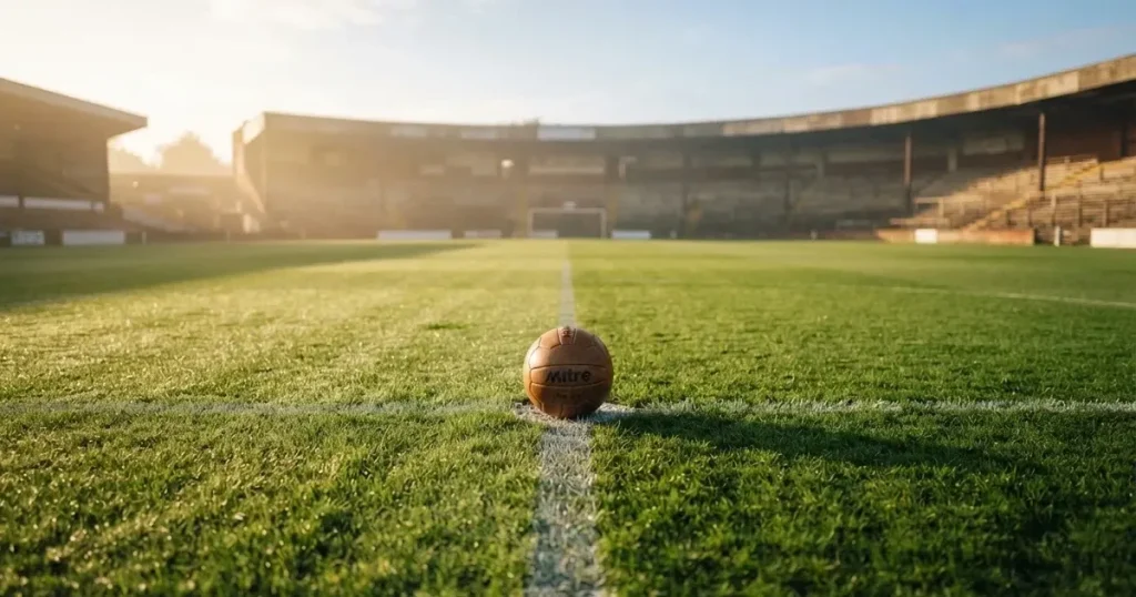 A ball on the centre spot of a grass pitch in morning light