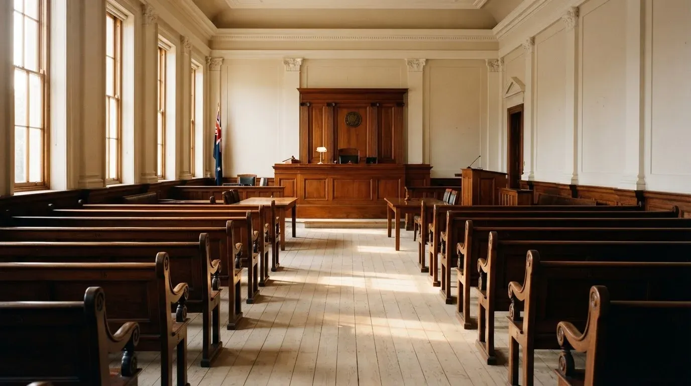 An empty courtroom with wooden benches in morning light
