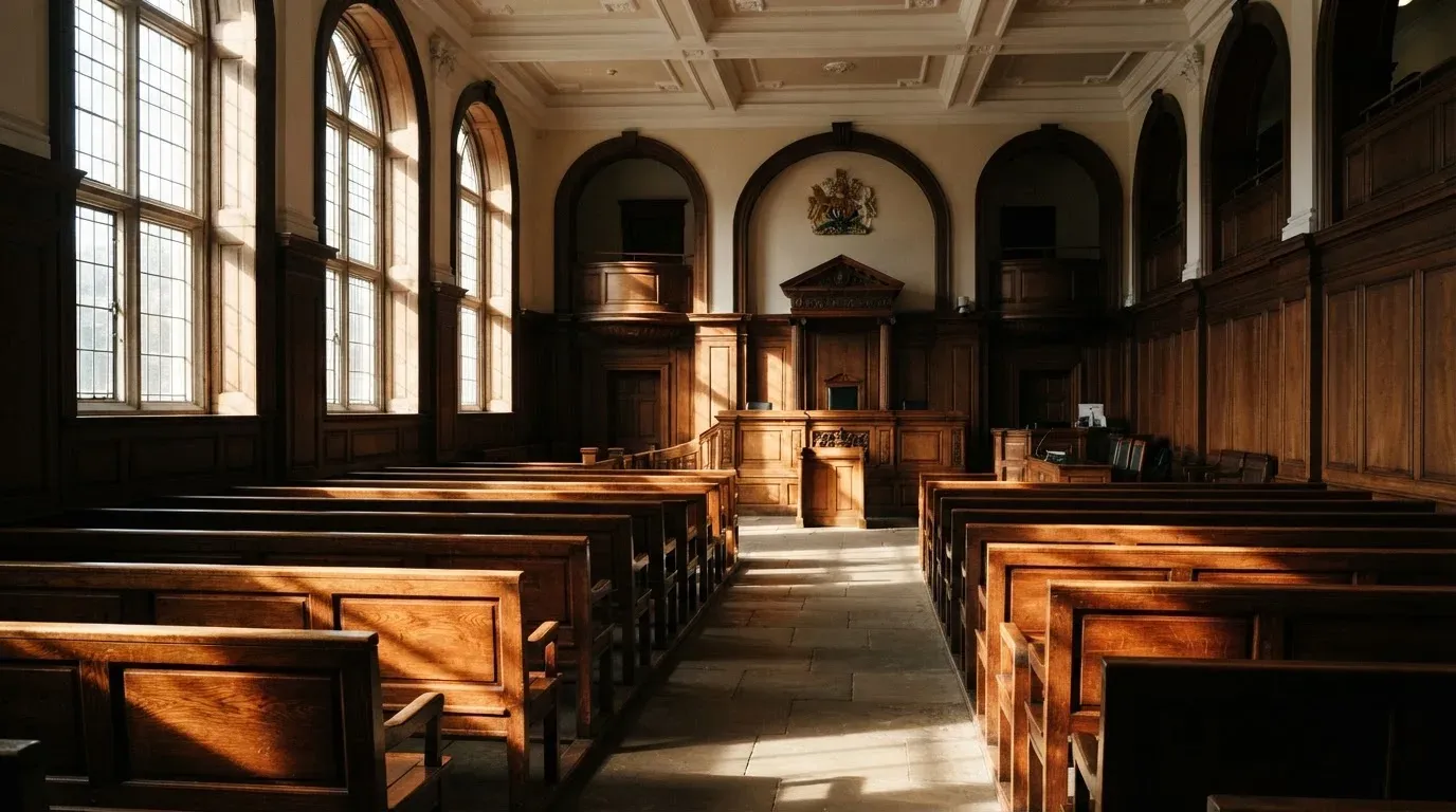 An empty courtroom with wooden benches in morning light