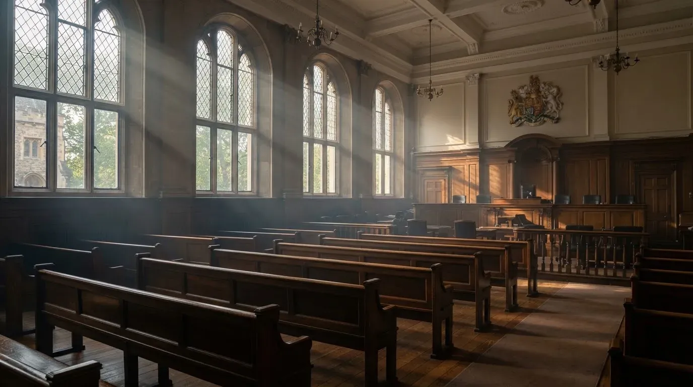 An empty courtroom with wooden benches in morning light