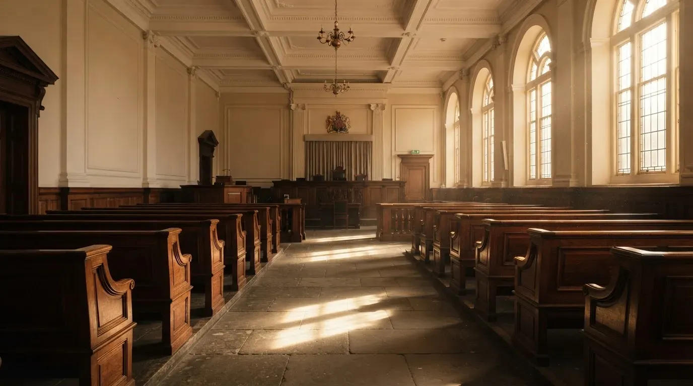 An empty courtroom with wooden benches in morning light