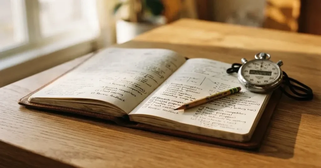 An open notebook with a pencil and a stopwatch on a wooden table