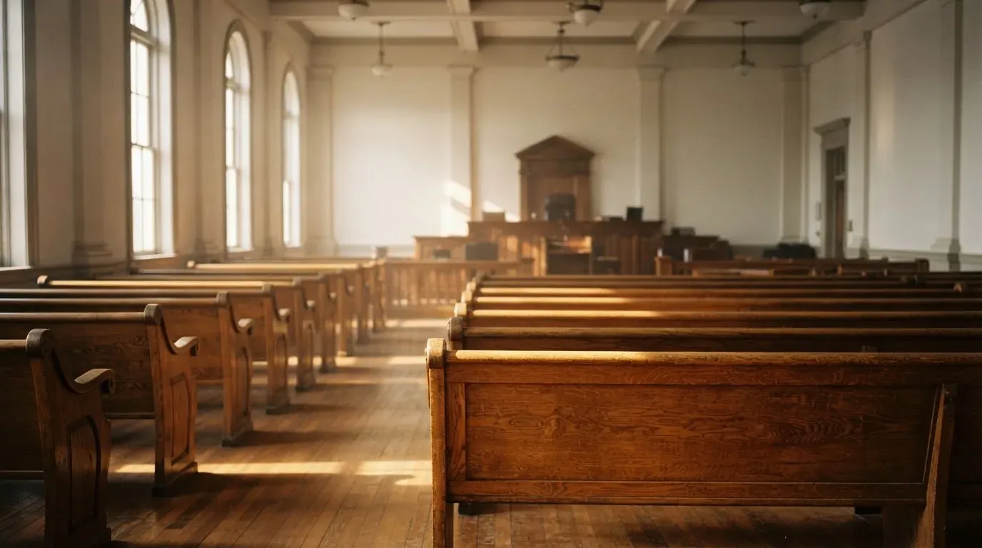 An empty courtroom with wooden benches in morning light