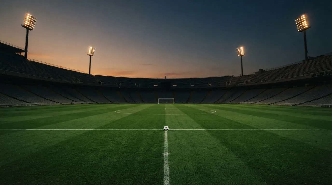 An empty football stadium with floodlight masts at dusk