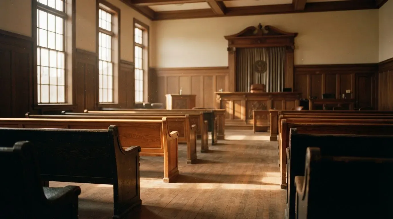 An empty courtroom with wooden benches in morning light