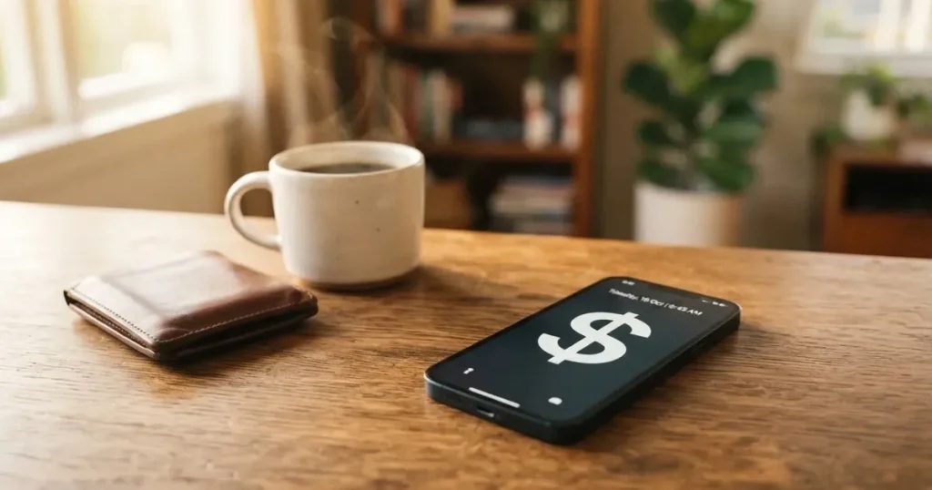 A smartphone on a wooden table beside a wallet and a coffee cup