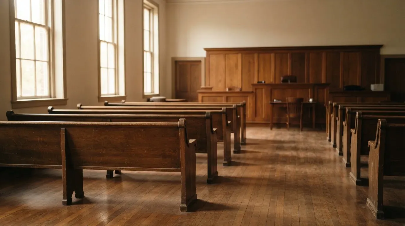 An empty courtroom with wooden benches in morning light