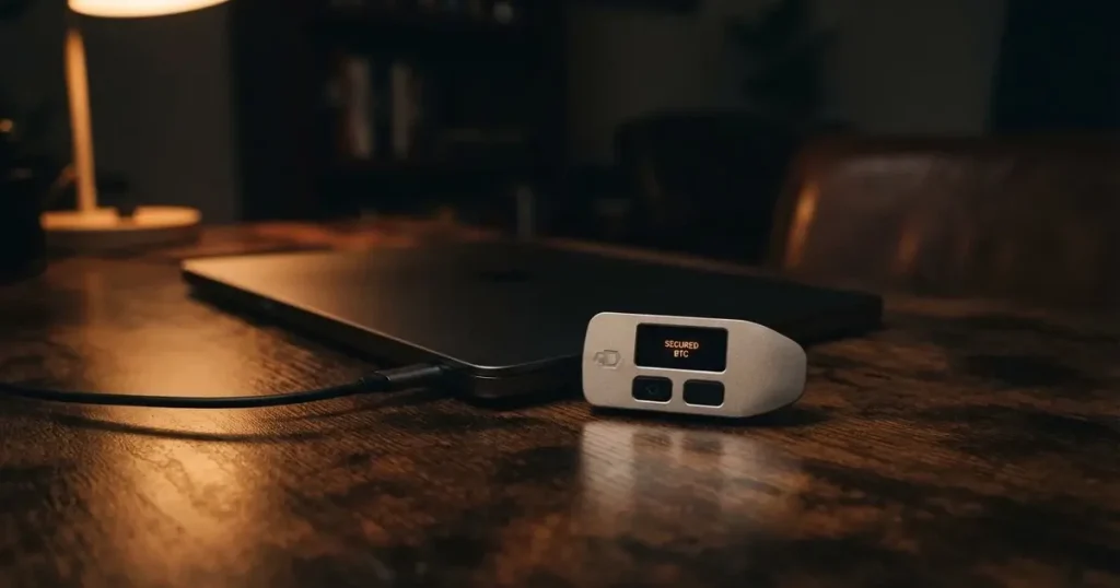 A hardware wallet and a closed laptop on a desk in dim light