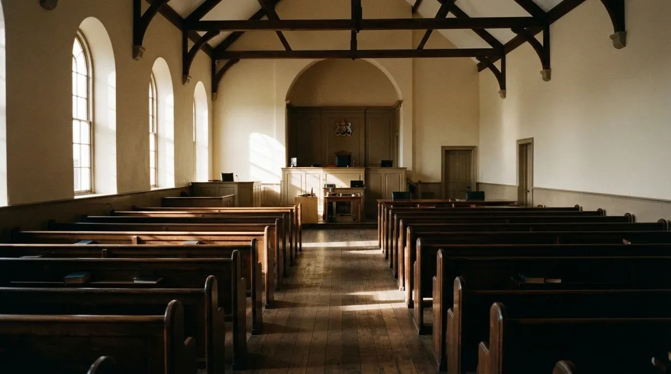 An empty courtroom with wooden benches in morning light