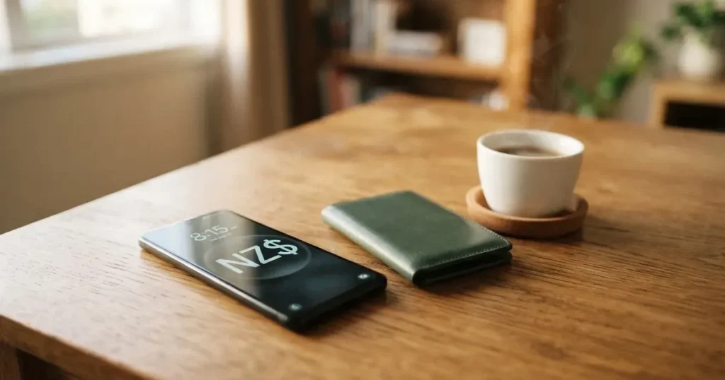 A smartphone on a wooden table beside a wallet and a coffee cup