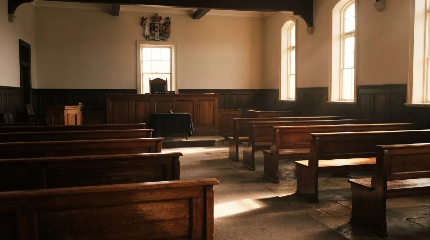 An empty courtroom with wooden benches in morning light