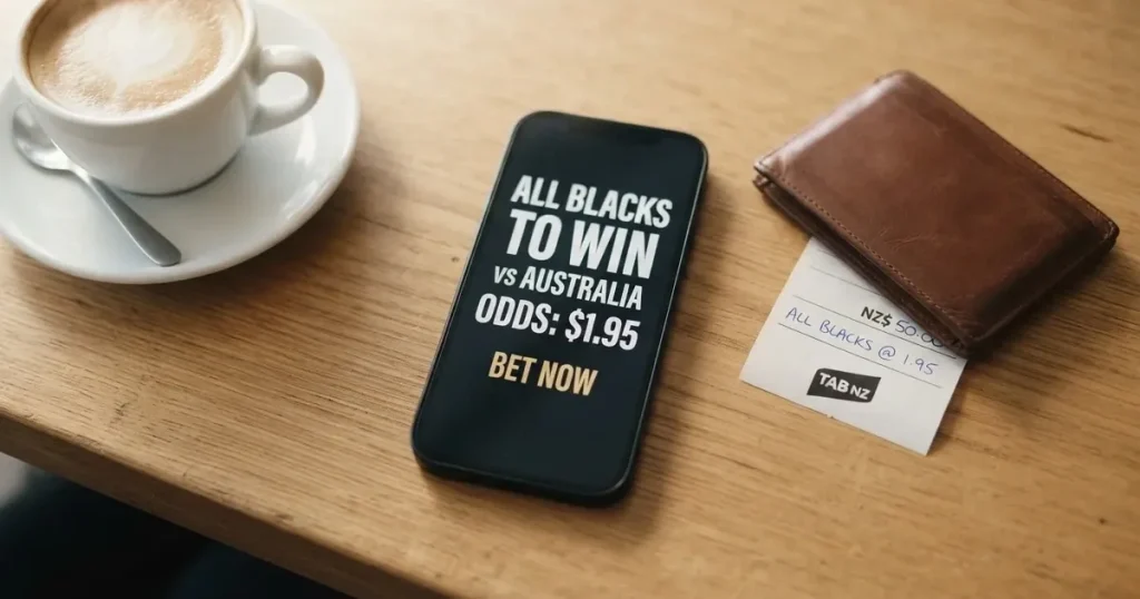 A smartphone on a wooden table beside a wallet and a coffee cup