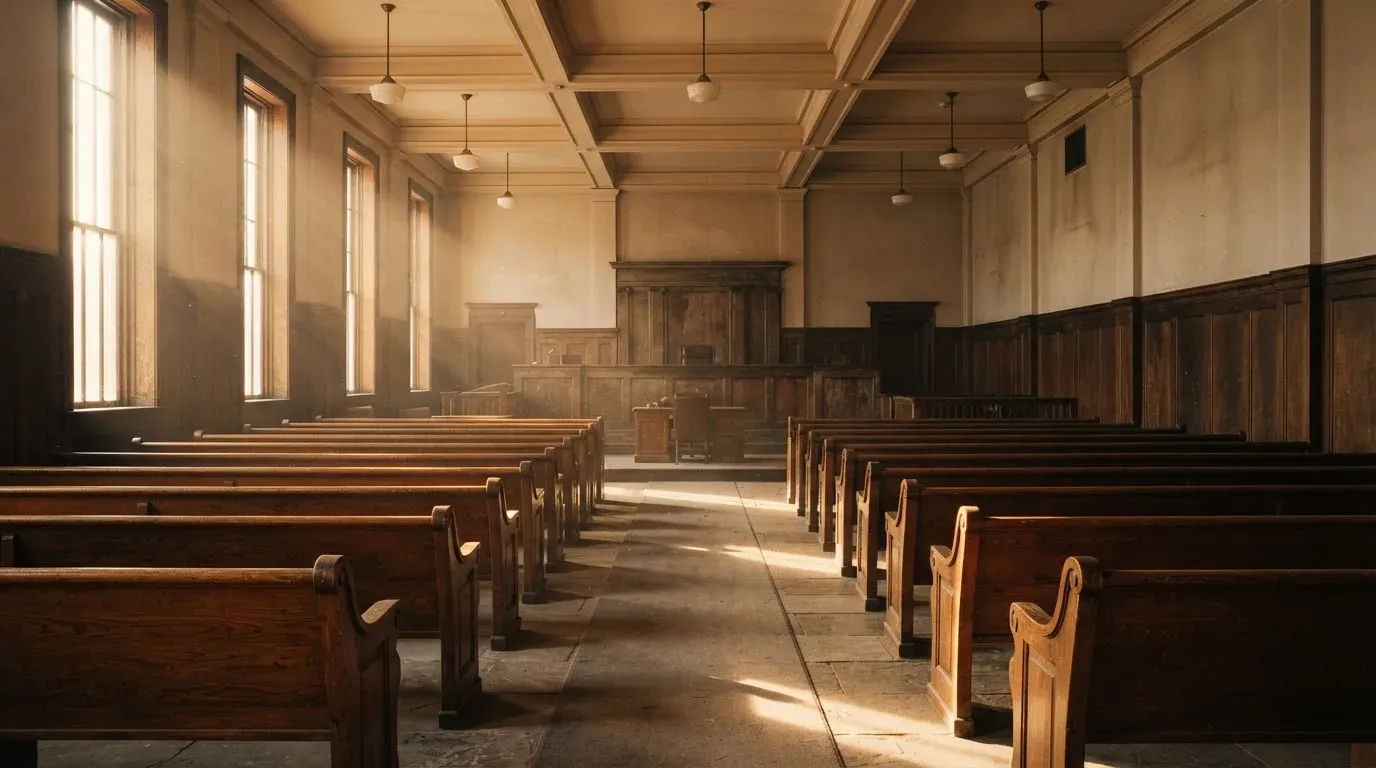 An empty courtroom with wooden benches in morning light
