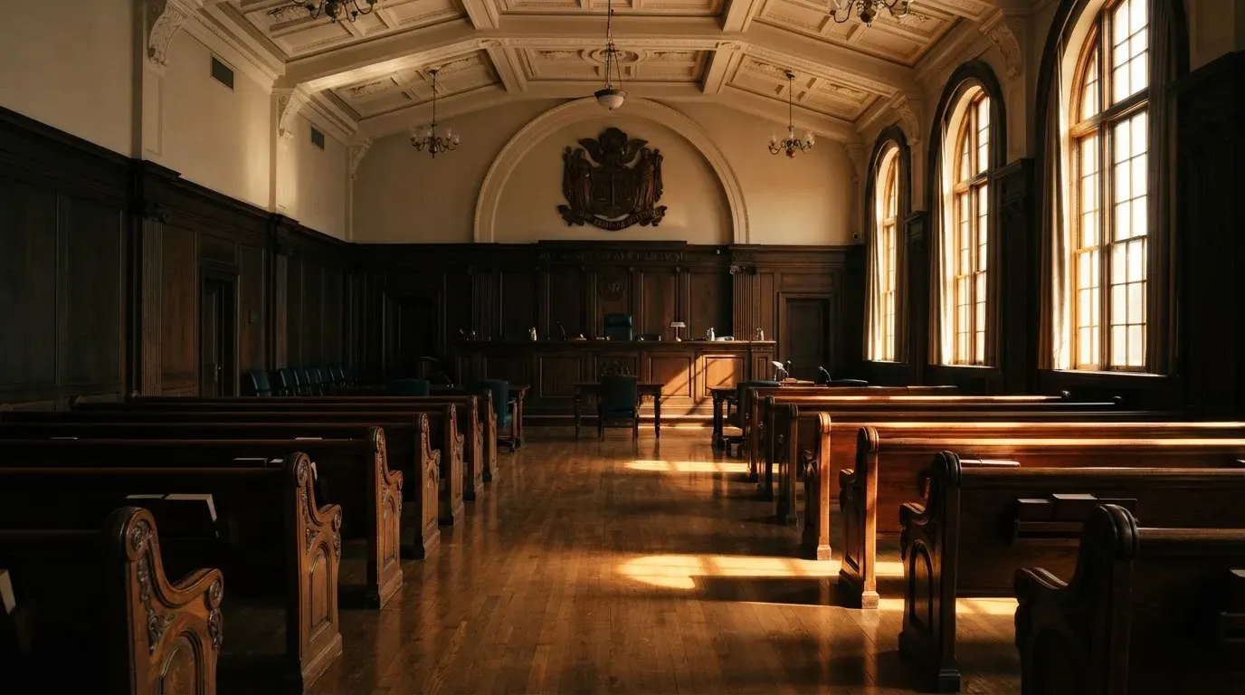 An empty courtroom with wooden benches in morning light