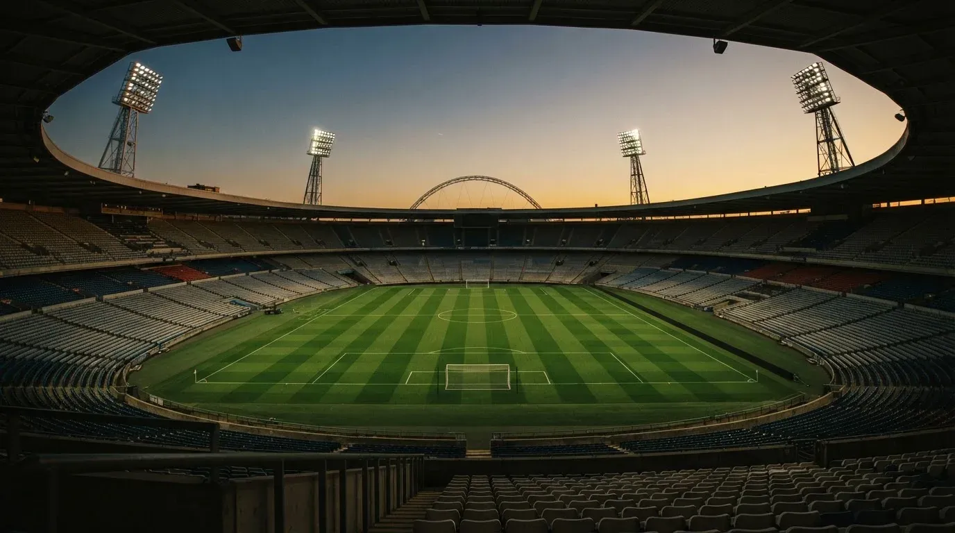 An empty football stadium with floodlight masts at dusk
