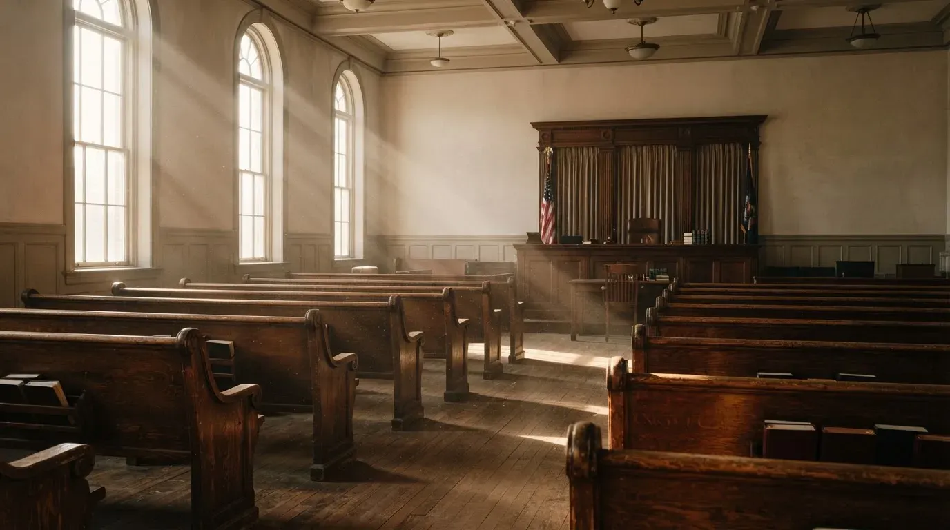 An empty courtroom with wooden benches in morning light