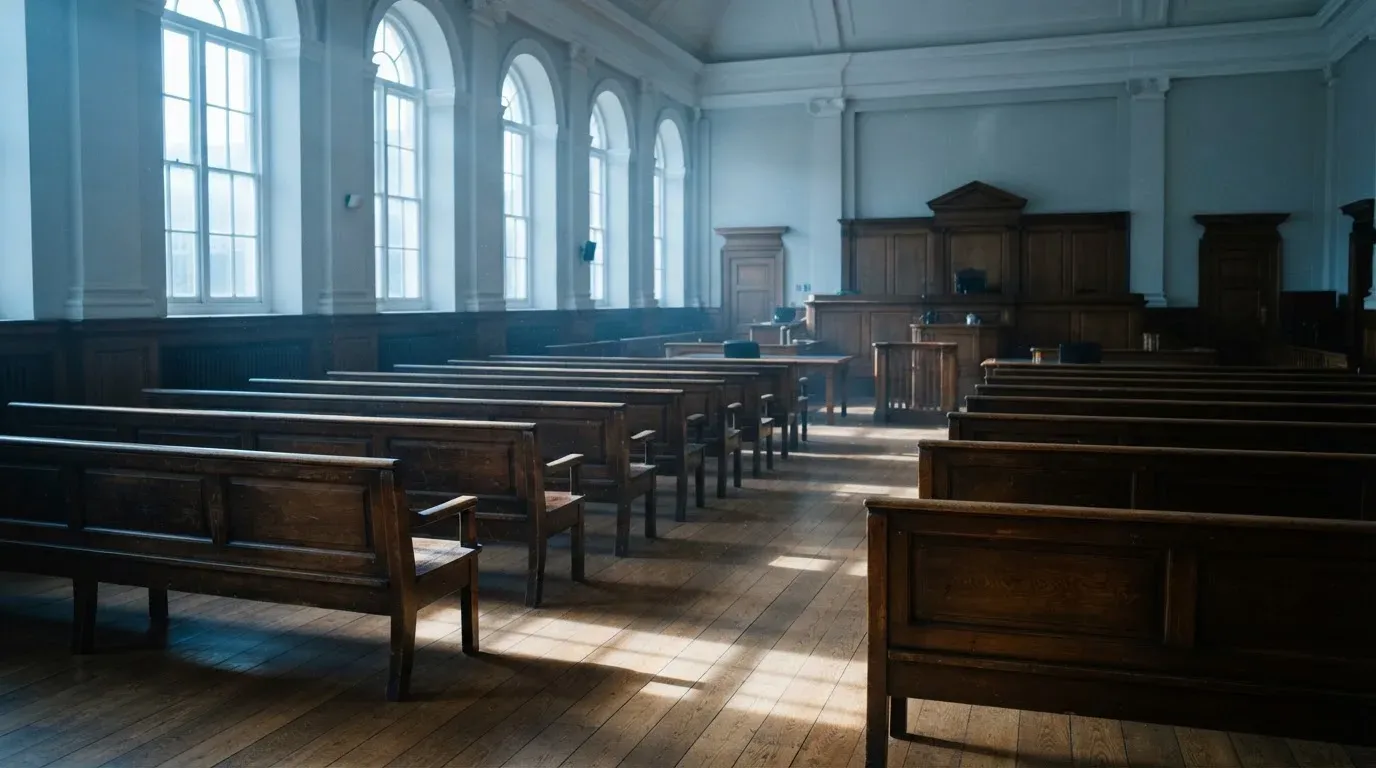 An empty courtroom with wooden benches in morning light