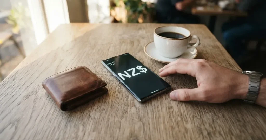 A smartphone on a wooden table beside a wallet and a coffee cup