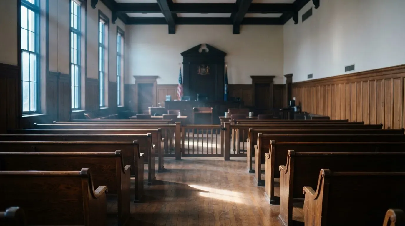 An empty courtroom with wooden benches in morning light