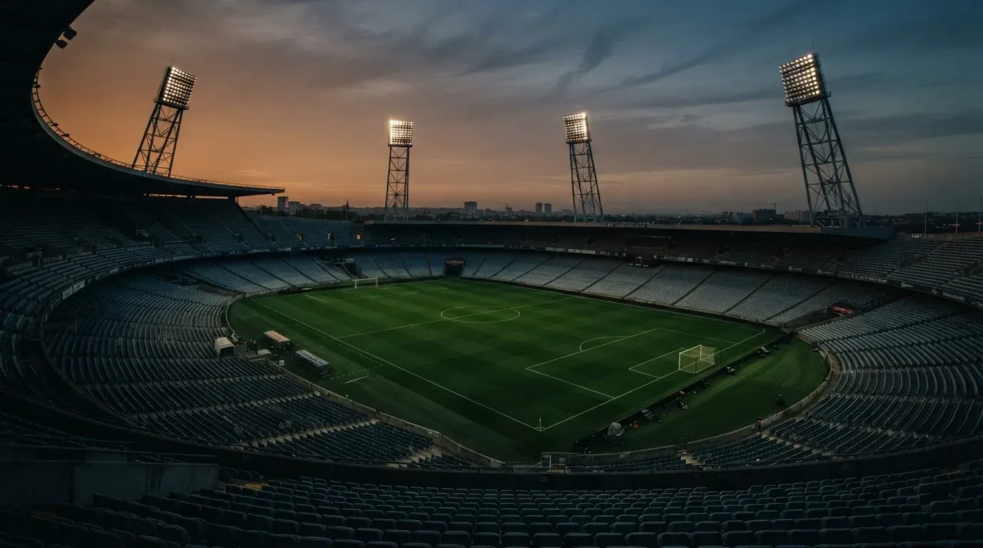 An empty football stadium with floodlight masts at dusk