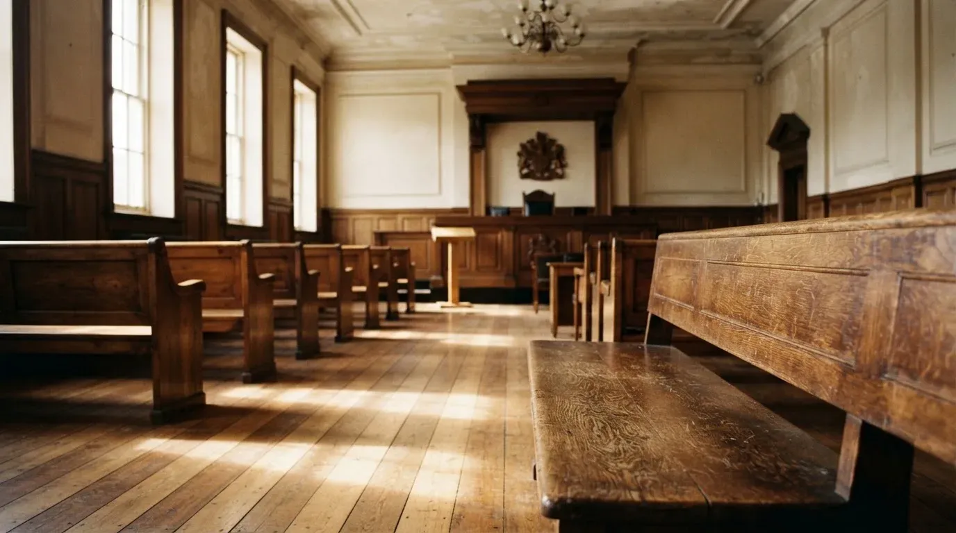 An empty courtroom with wooden benches in morning light