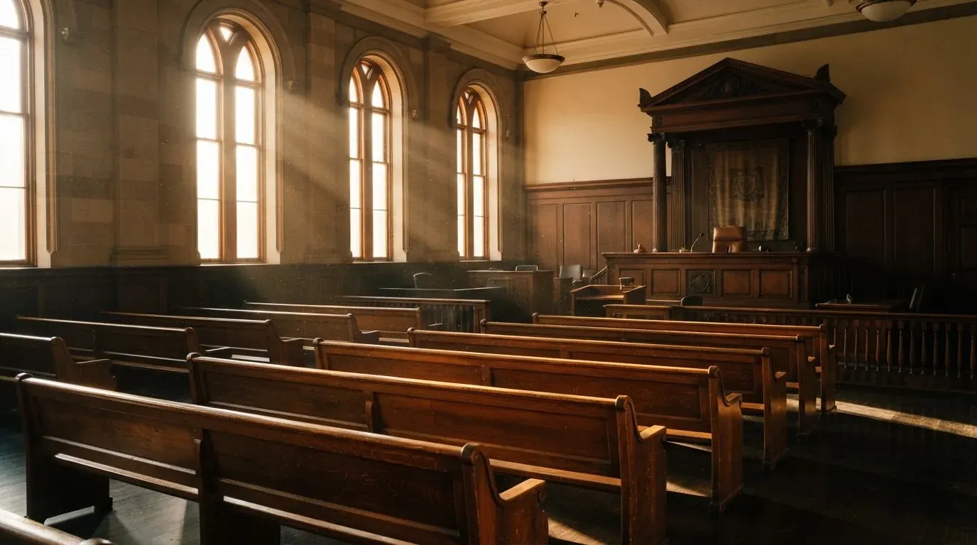 An empty courtroom with wooden benches in morning light