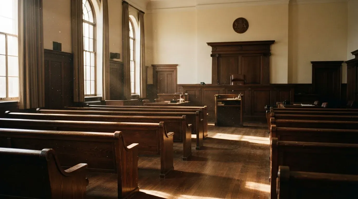 An empty courtroom with wooden benches in morning light