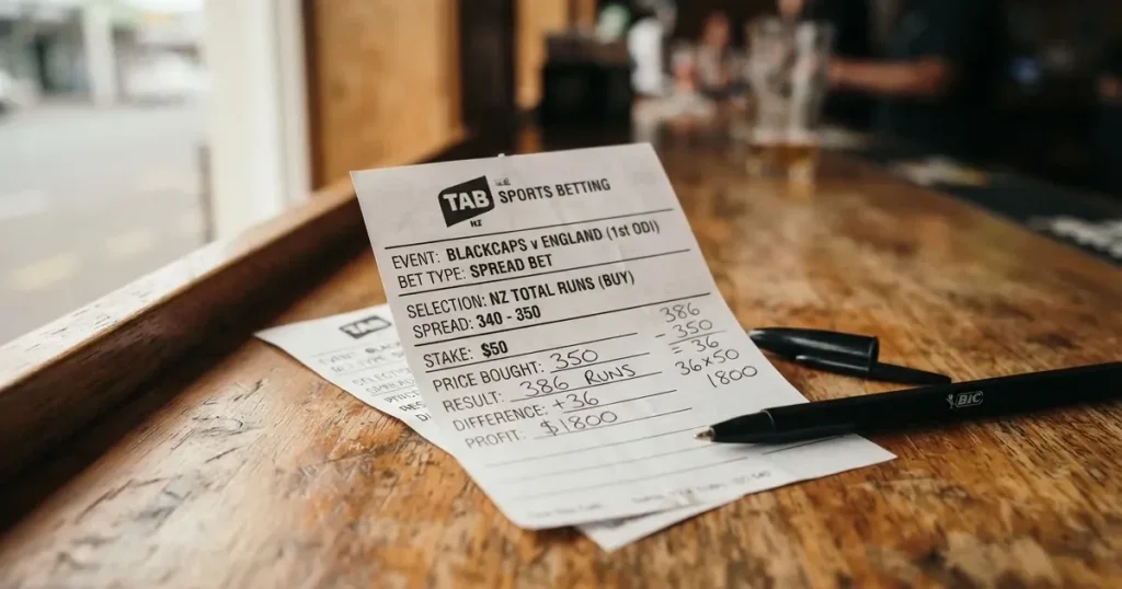 A blank paper betting slip beside a pen on a wooden counter