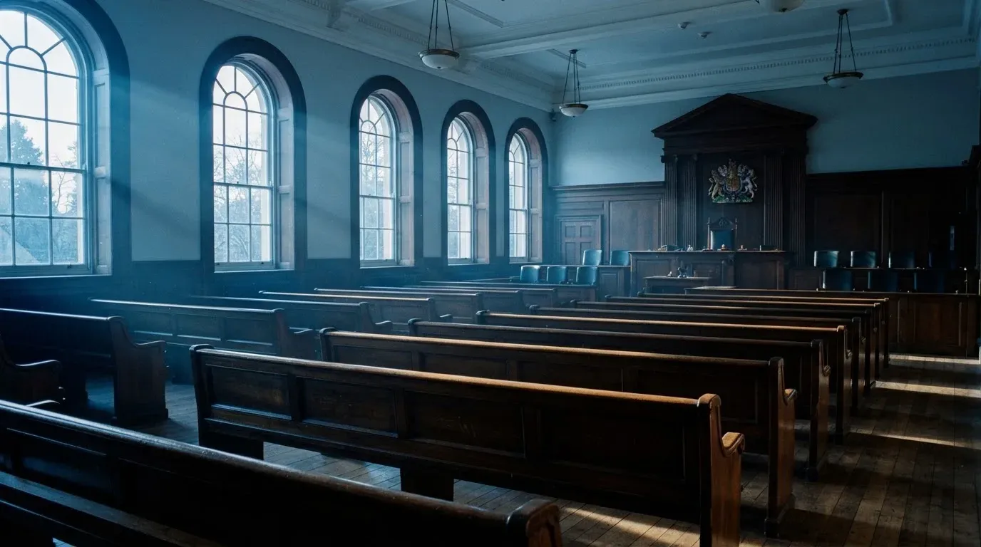 An empty courtroom with wooden benches in morning light
