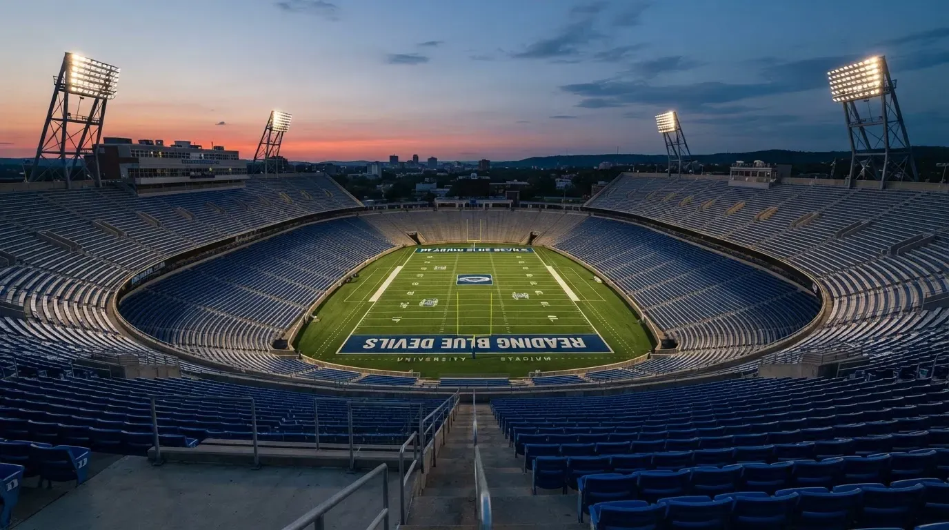 An empty football stadium with floodlight masts at dusk
