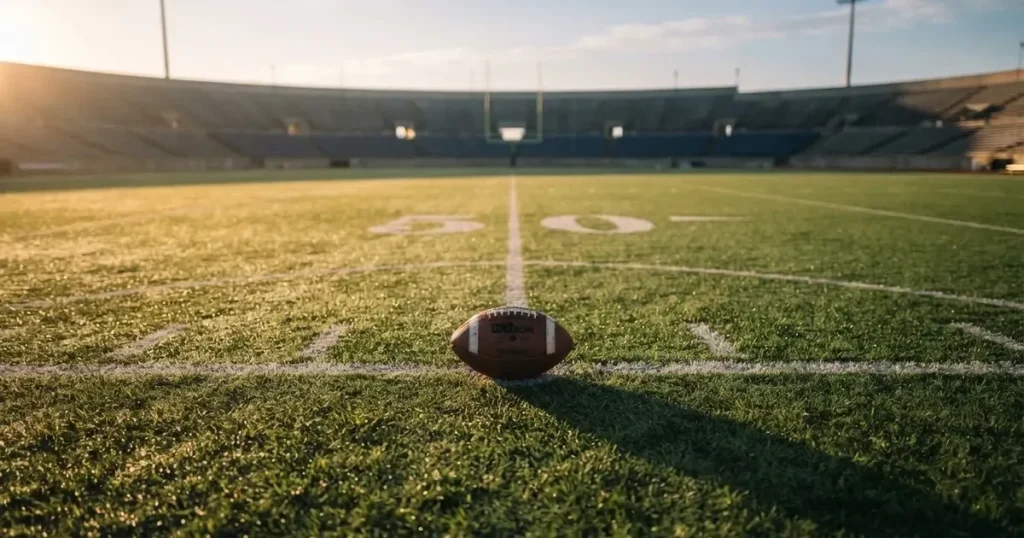 A ball on the centre spot of a grass pitch in morning light