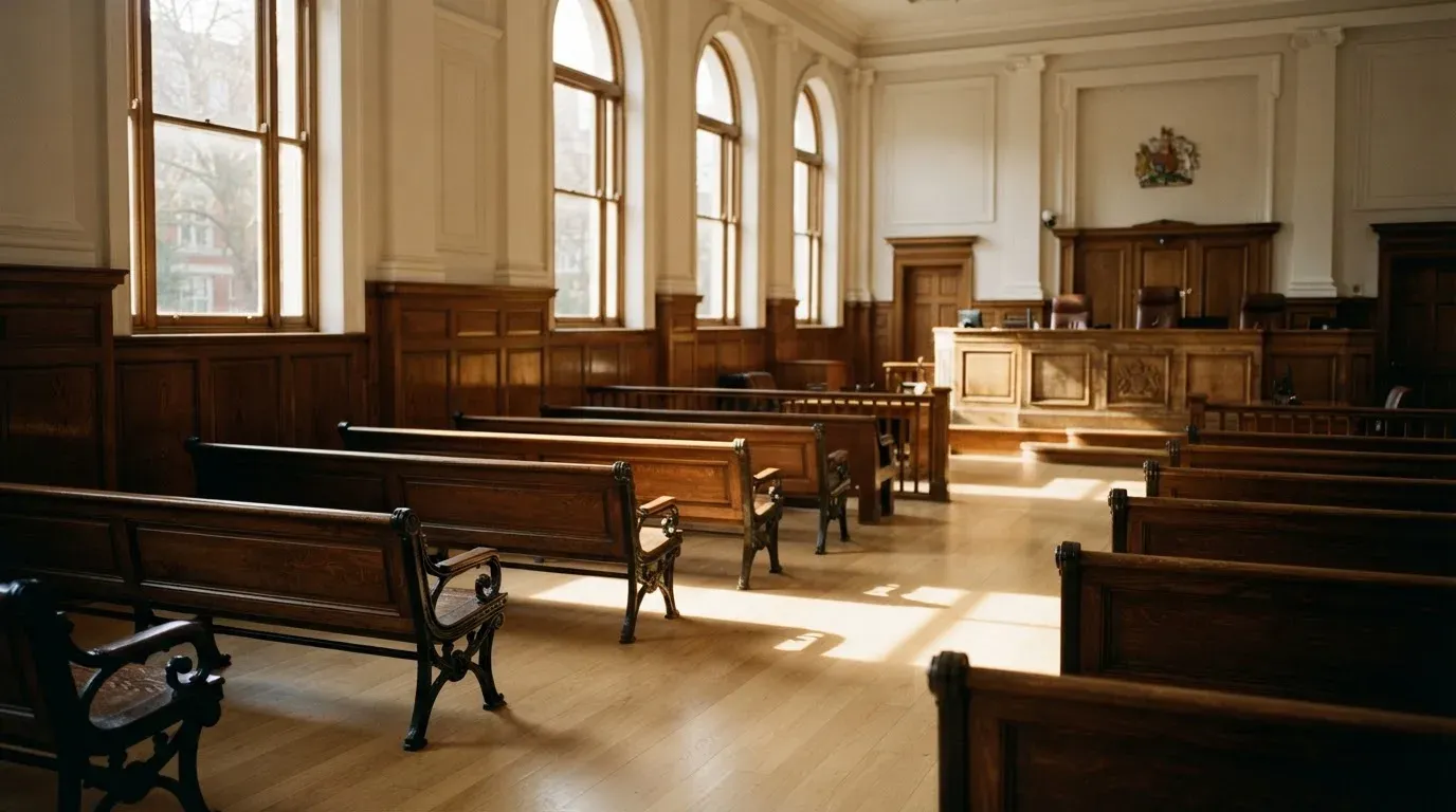 An empty courtroom with wooden benches in morning light