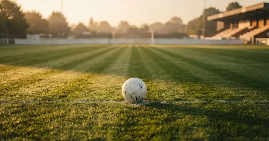 A ball on the centre spot of a grass pitch in morning light