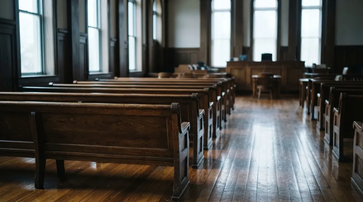 An empty courtroom with wooden benches in morning light