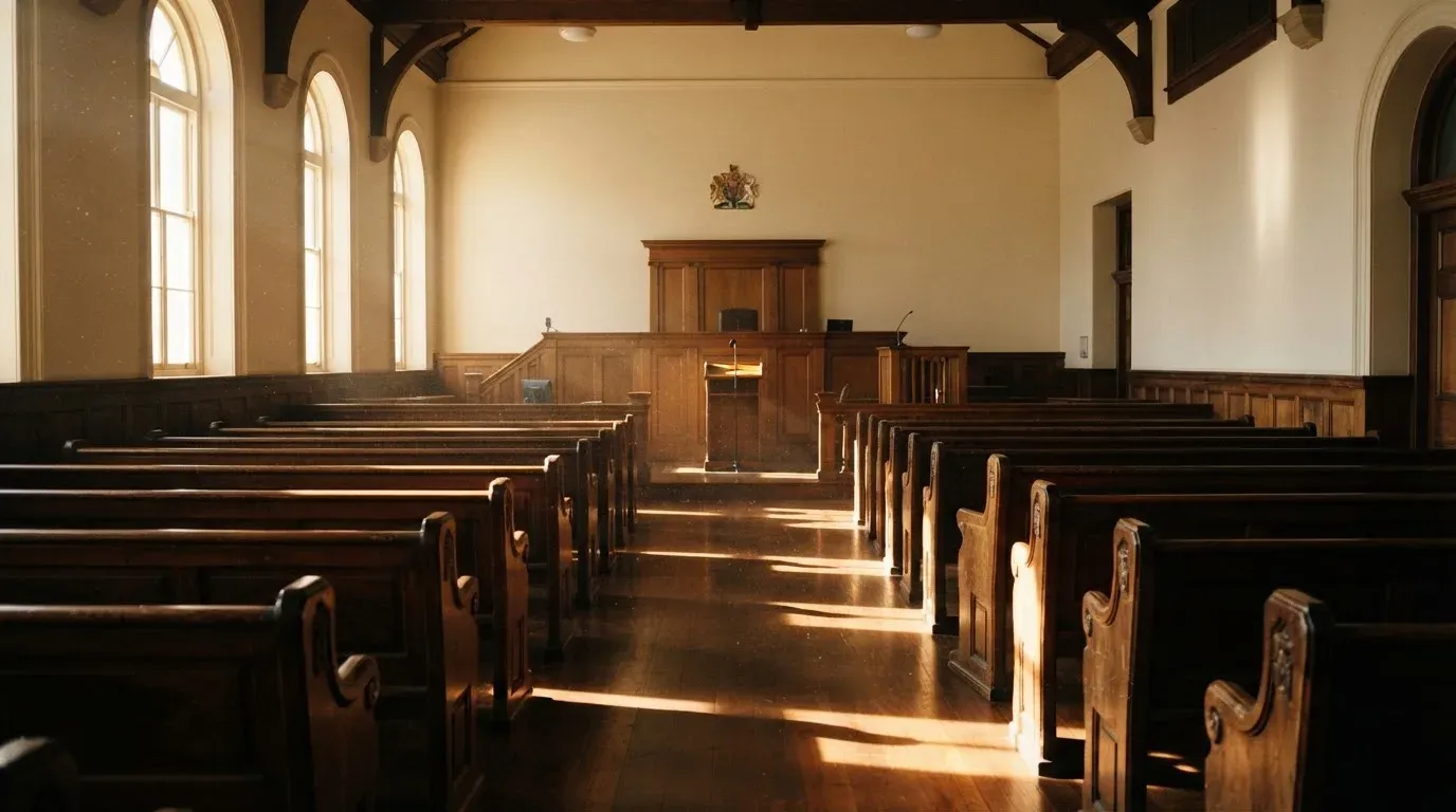 An empty courtroom with wooden benches in morning light
