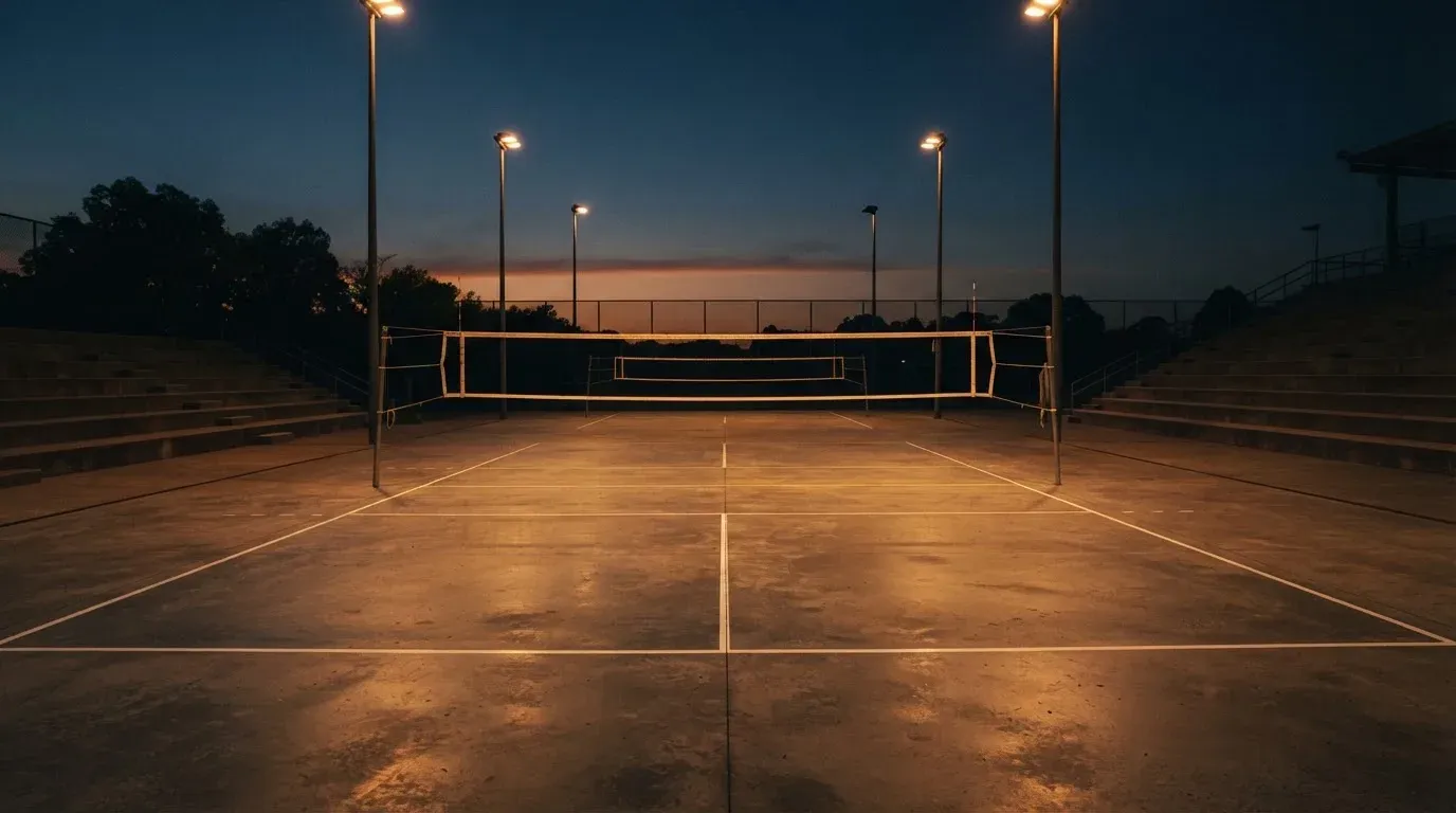 An empty football stadium with floodlight masts at dusk
