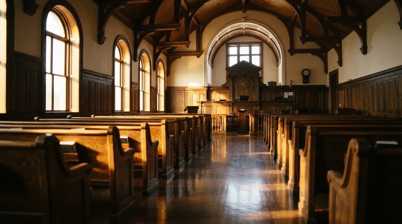 An empty courtroom with wooden benches in morning light