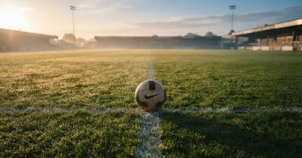 A ball on the centre spot of a grass pitch in morning light