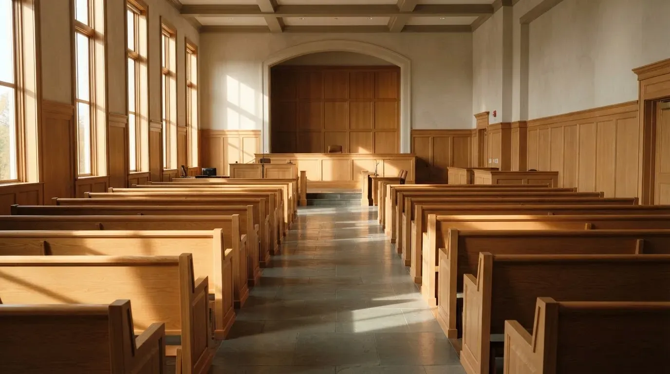 An empty courtroom with wooden benches in morning light